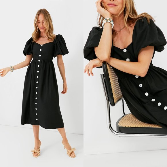 Pomander Place Dresses & Skirts - Pomander Place NEW Alexis Puff Sleeve Black Linen Pockets Midi Dress Size L